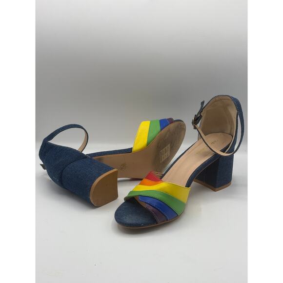 MODCLOTH Limitless Radiance Rainbow Denim Block Heel Ankle Strap Sandals Sz - Picture 8 of 8